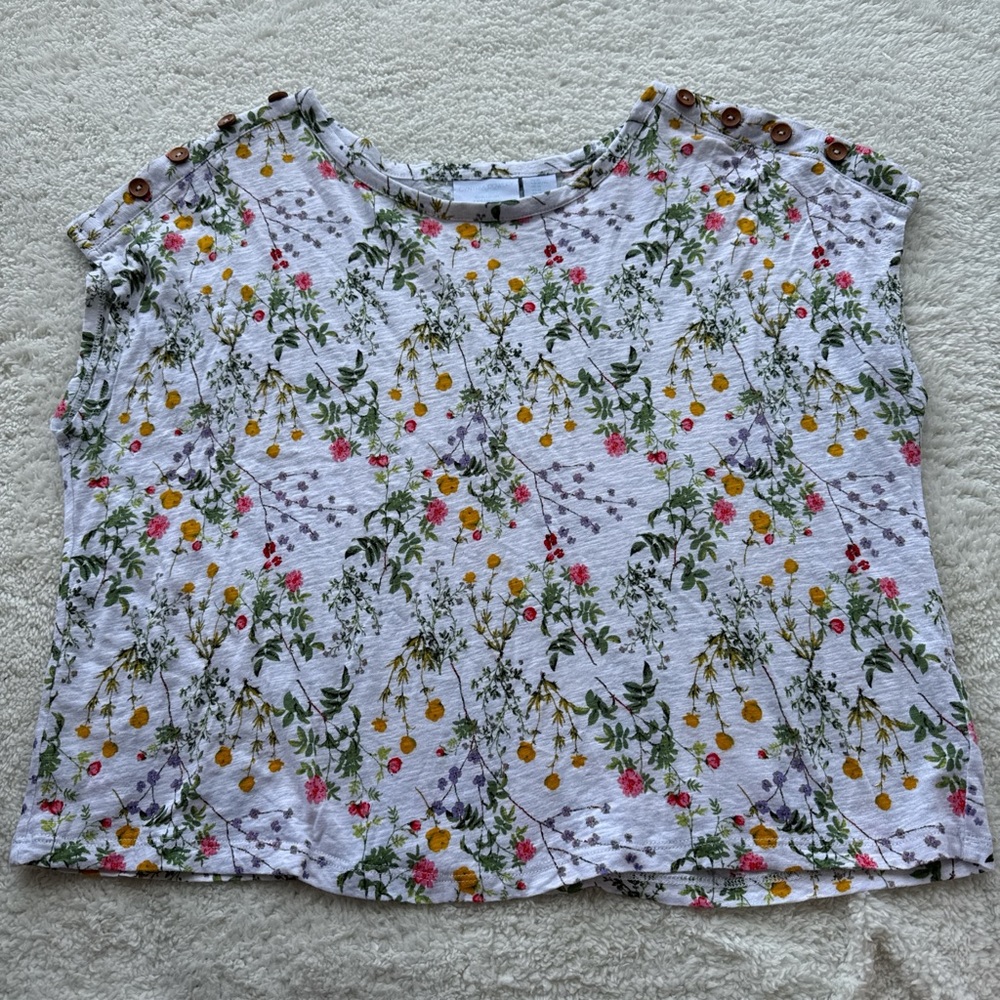 Cynthia Rowley White Floral Button-Shoulder Top